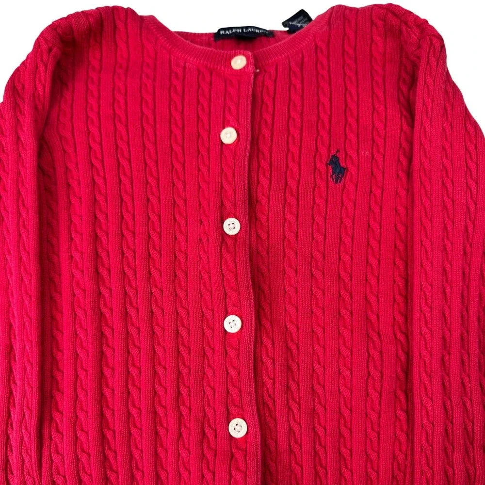 Ralph Lauren Cardigan Kids 4/5 Red Cable Knit Cotton Pony Sweater Preppy Classic